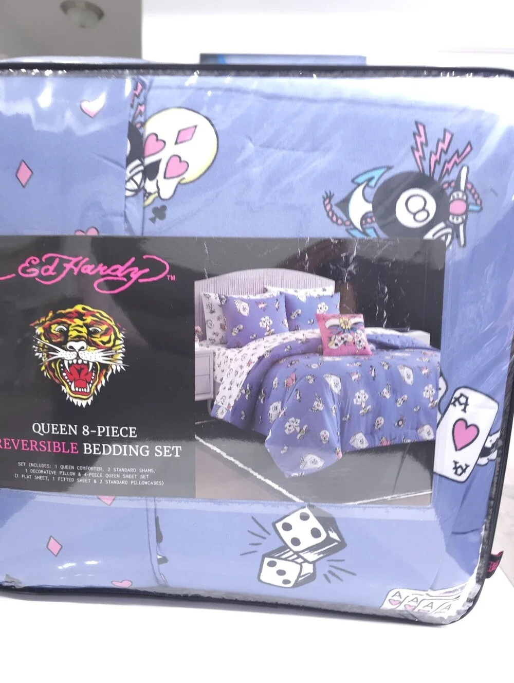 Ed Hardy Queen 8 Piece Cards Blue Purple Reversible Comforter Bedding Set